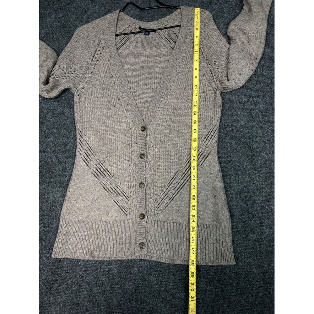 American Eagle Cardigan Sweater Womens M Tan Marl V-Neck Cable Pointelle Knit - Picture 3 of 11